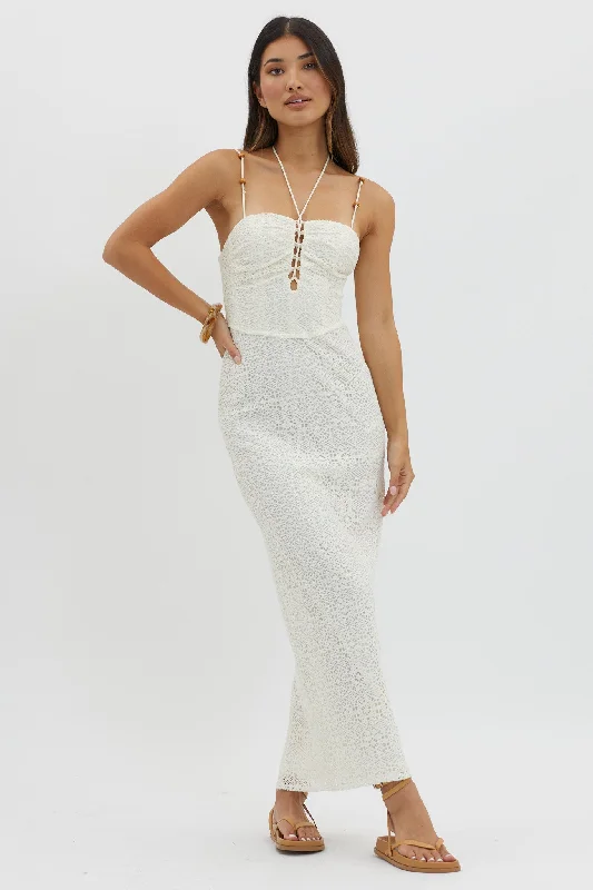 Bold and beautiful clothing for every woman Namaste Bead Strap Lace Midi Dress White Bold and beautiful clothing for every woman Namaste Bead Strap Lace Midi Dress White