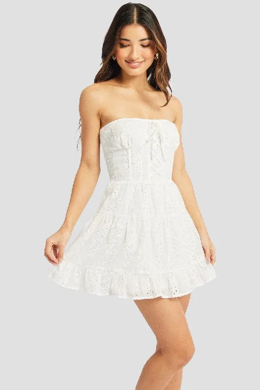 White Strapless Mini Dress Eyelet Fabric