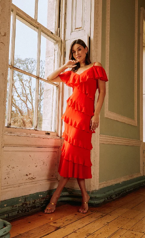 Timeless women’s fashion for any occasion   Tomato Red Frill Cold Shoulder Midaxi Dress