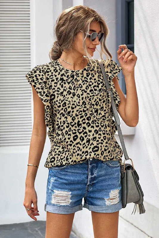 KittenAlarm - Print Ruffled Cap Sleeve T-shirt With Pocket