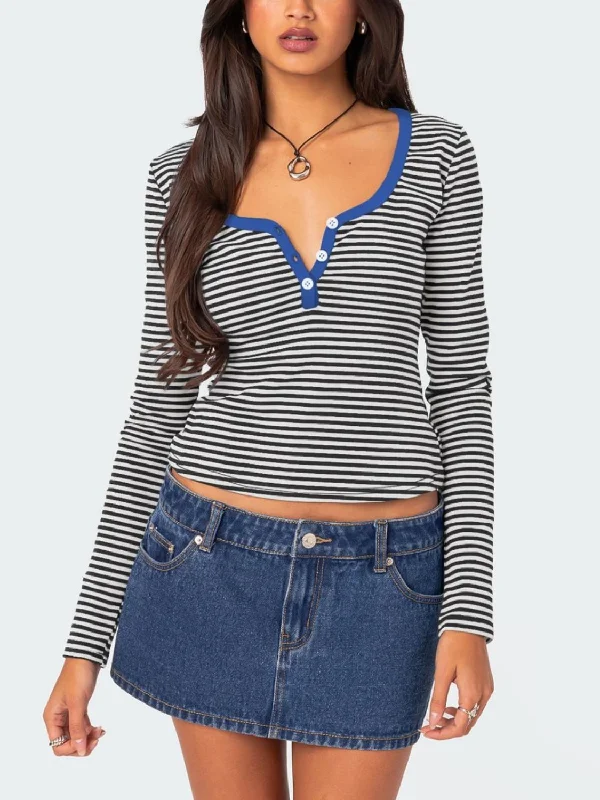 Hot Girl Striped Henley Long Sleeve T-Shirt