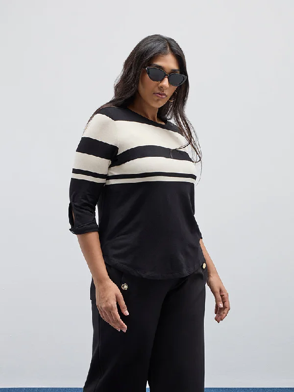 Gia Black Stripe Printed Cotton T-Shirt