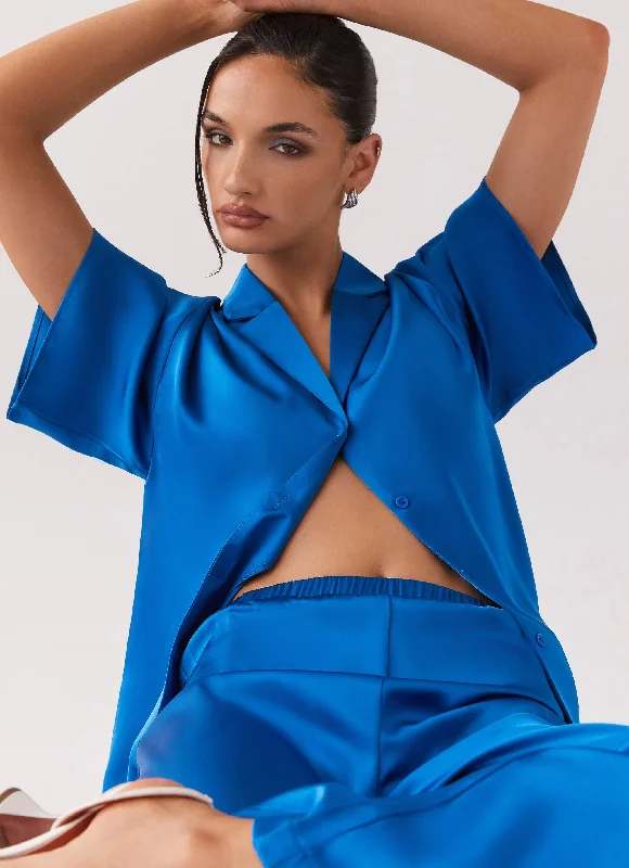 Stylish plus-size clothing for women   Palm Cove Satin Shirt - Cobalt