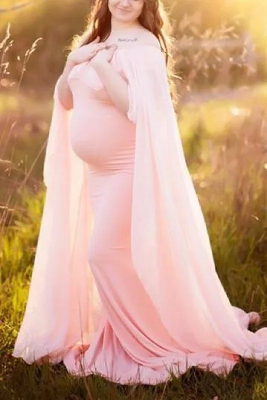 Custom Plus Size Shawl Ruffled Maternity Gown for Photoshoot