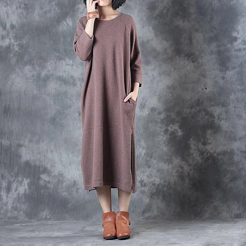 dark pink 2017 autumn winter side open woolen gown plus size casual slim knit dress