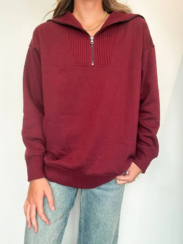 French Terry Quarter Zip Pullover In Crimson