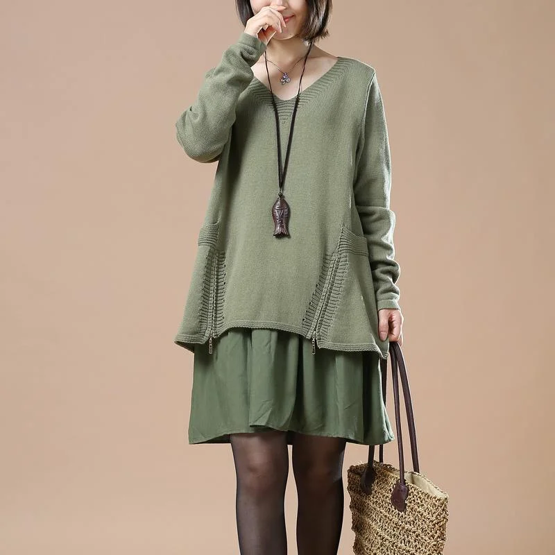 Green layered sweaters oversize knit dresses