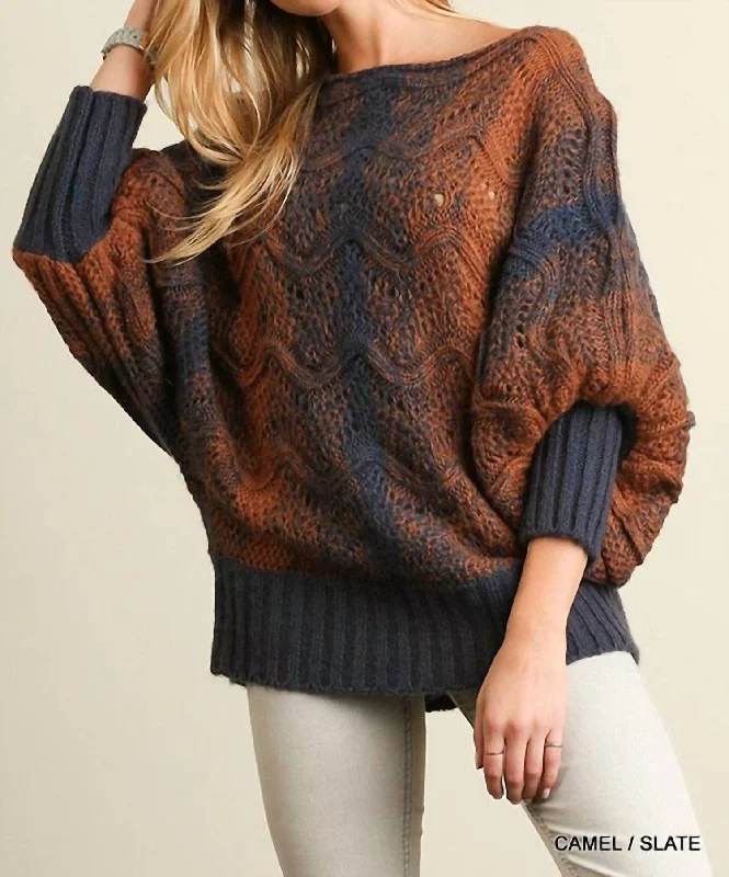 Puff Sleeve Chunky Knit Sweater In Camel And Slate