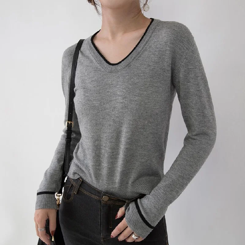 vintage gray knit sweaters oversize V neck knitted blouses Elegant slim side open sweaters