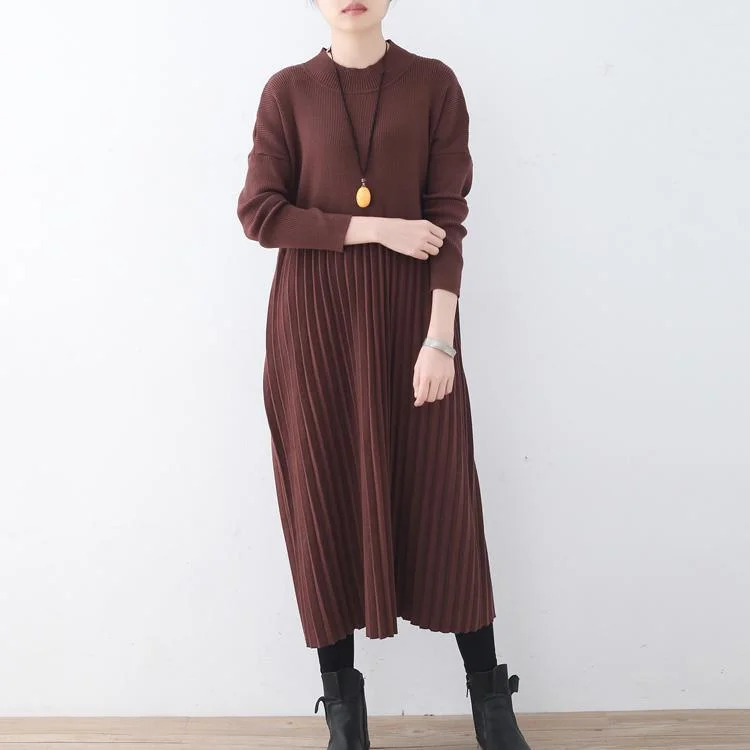 Women Chocolate Sweater Dresses Trendy Plus Size High Neck Long Knit Sweaters Elegant Wrinkled Dresses