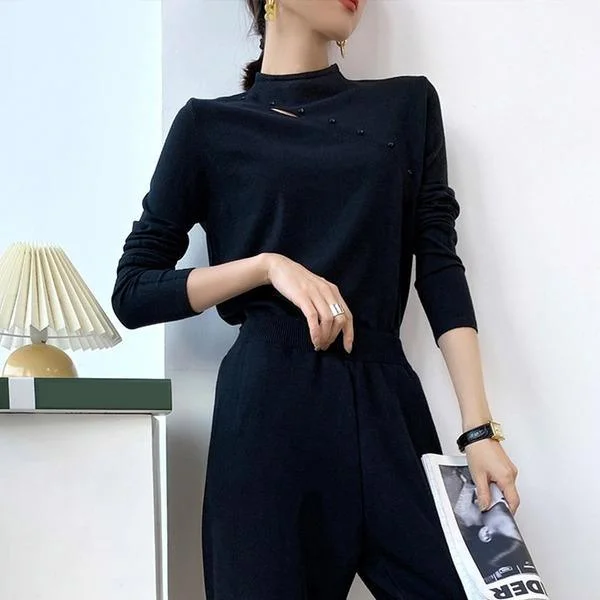 Women Full Sleeve 2020 Pleated Patchwork Elegant Casual Style Loose Pullover Sweater