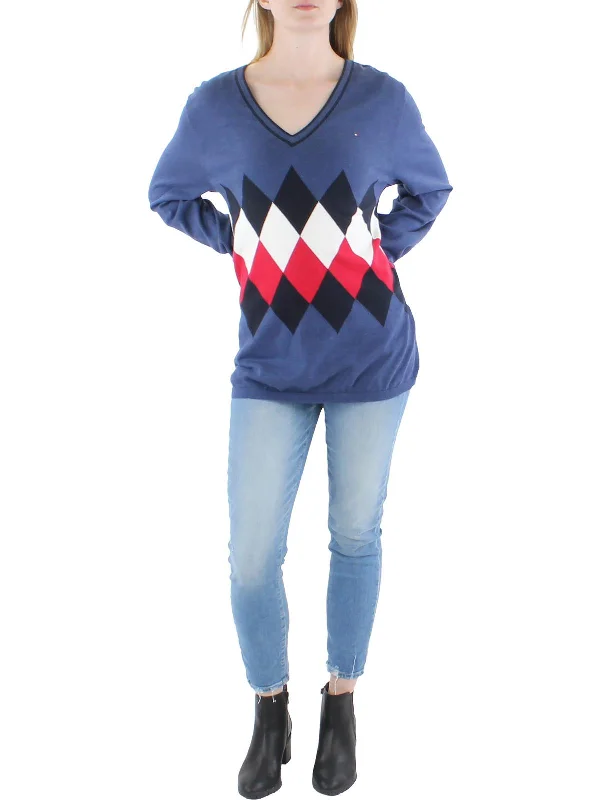 Womens Cotton Blend Argyle Pullover Sweater