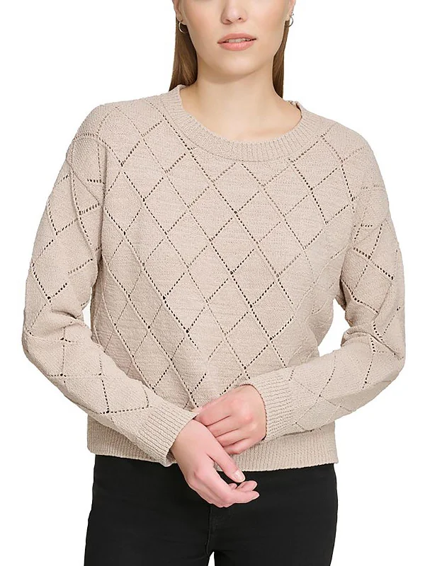 Womens Open Stitch Crewneck Pullover Sweater