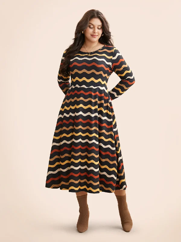 Round Neck Contrast Striped Midi Dress