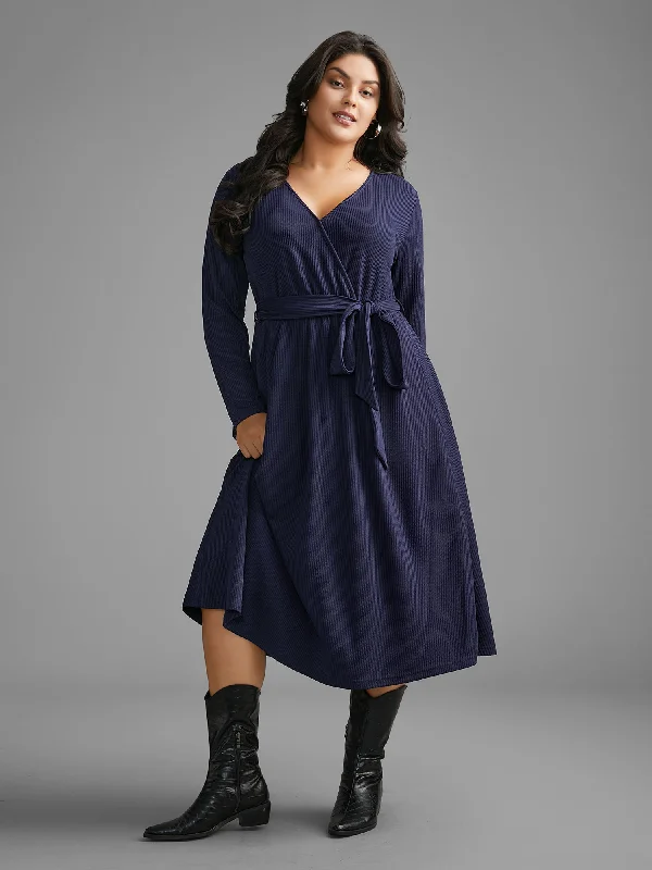 Solid Overlap Collar Belted Knit Dress