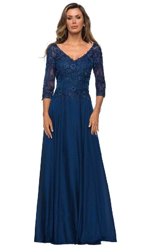 Fashion pieces that complement every woman’s style   La Femme - Laced Quarter Sleeve Evening Gown 28106SC