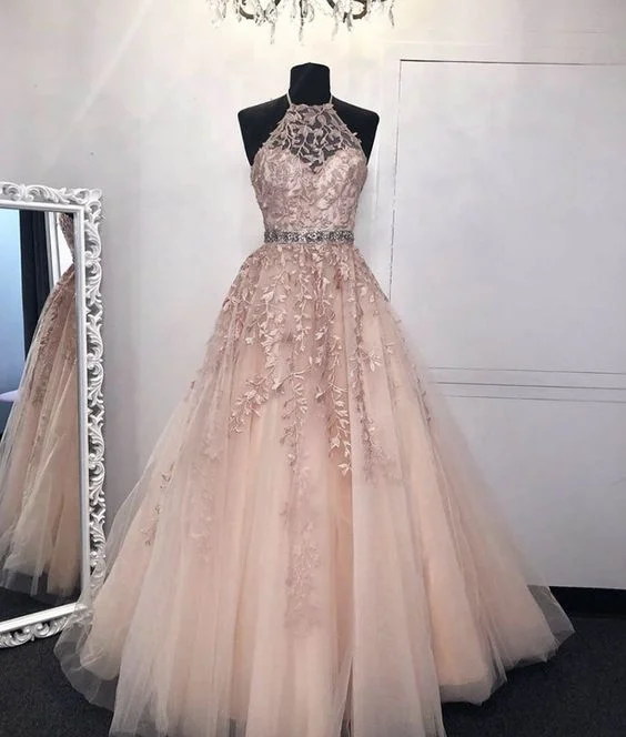 Chic, modern fashion for empowered women   Pink tulle lace long prom dress evening dress    cg15835