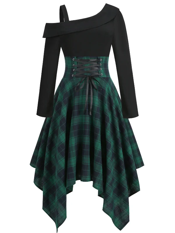 Soft, breathable fabrics for fashionable women   Green 1950s Long Sleeve Patchwork Swing Dress