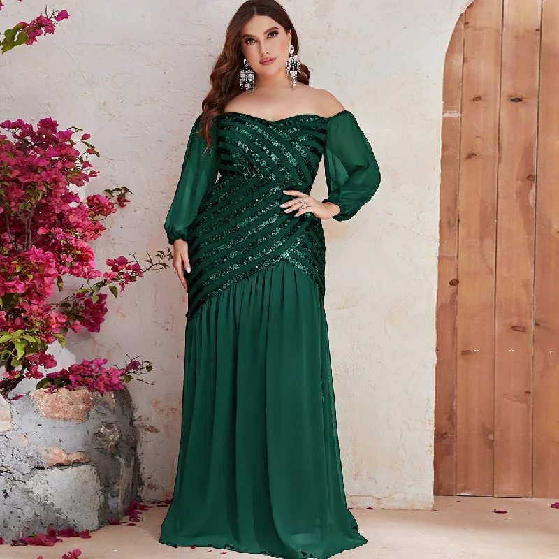 Bold fashion choices for the confident woman   NiDELL European and American plus Size Party Dress Sequined off Shoulder Fishtail Dress Premium Elegant Evening Dress-FMGN517-1