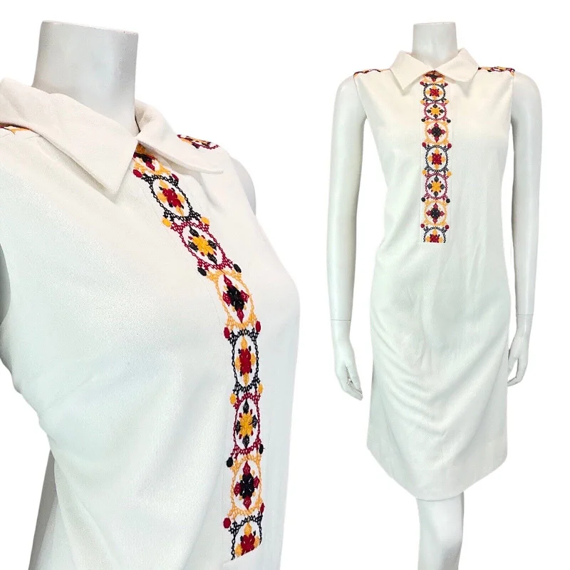 Sustainable fashion for stylish women   VTG 60s 70s WHITE RED BLACK EMBROIDERED CROSS-STITCH MOD SLEEVELESS DRESS 12 14